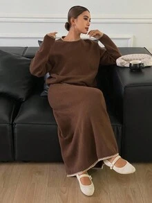 DAZY 2件套女士秋季蕾丝刺绣宽松毛衣和裙子套装 - 棕色 - 查看 5