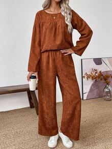 SHEIN LUNE 女士褶皱宽松纯色长袖上衣T恤和直筒灯芯绒裤，适合日常生活、聚会、通勤、秋冬季 - 棕色 - 查看 7