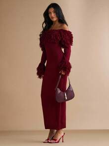 Silquee 秋冬女士时尚优雅露肩修身毛衣裙 - 酒紅色 - 查看 5