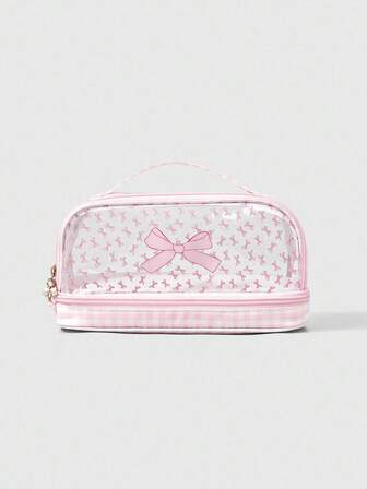 Kawaii Transparente doppellagige Reißverschluss-Kosmetiktasche mit süßer rosa Schleife und großer Kapazität
