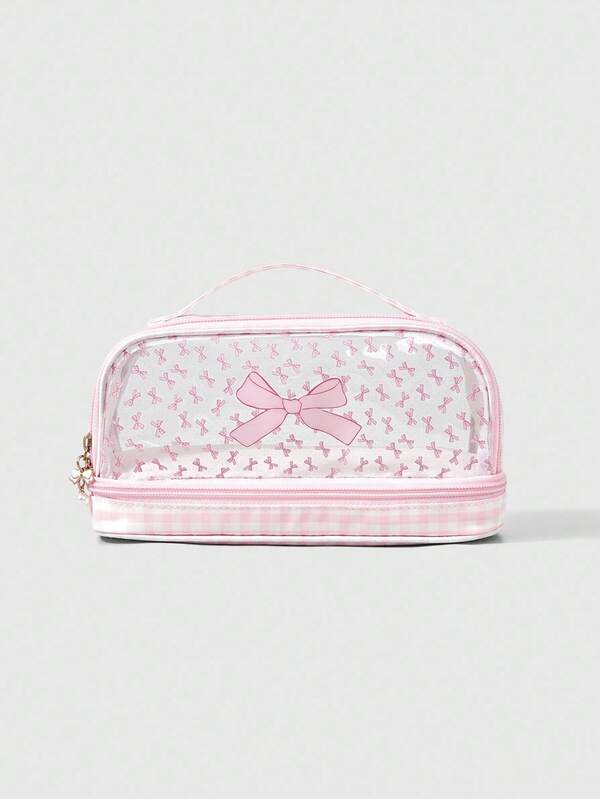 ROMWE Kawaii Transparent Double Layer Zipper Cute Pink Bow Large Capacity Portable Cosmetic Bag