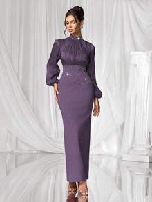 Coutiva Vestido de noche de lujo, vestido formal elegante con cuello alto, manga larga y adornos de strass - Morado - Ver 3