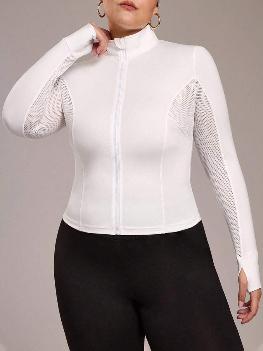 Rhythm Era Plus Size Women's Stand Collar Raglan Sleeve Fitted Athletic Jacket - White - View 1