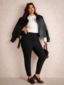 Elaquor Calça Skinny Preta Casual do Dia a Dia para Mulheres Plus Size - Damasco - Visão 7
