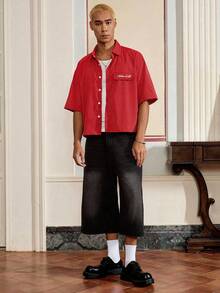 SWAVVY Men's Casual Striped Print Loose Fit Short Sleeve Shirt, Spring/Summer - Red - View 3