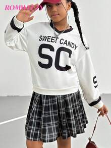 Girls'Long Sleeve English Print Sweatshirt+Black And White Plaid Skirt Set,Casual,School,Back-To-School,Autumn Fashionable Comfortable Outfit Set - White - View 10