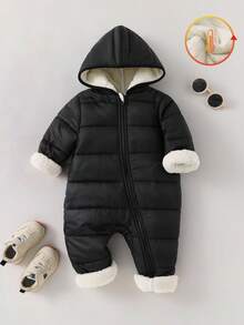 SHEIN 新生儿男女款羊毛连帽连体衣，黑色，秋冬 - 彩色 - 查看 8