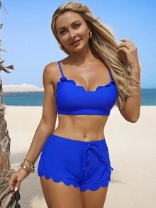 SHEIN Swim Summer Beach 3packs Scalloped Trim Bikini Set Matching Sets - Royal Blue - View 7