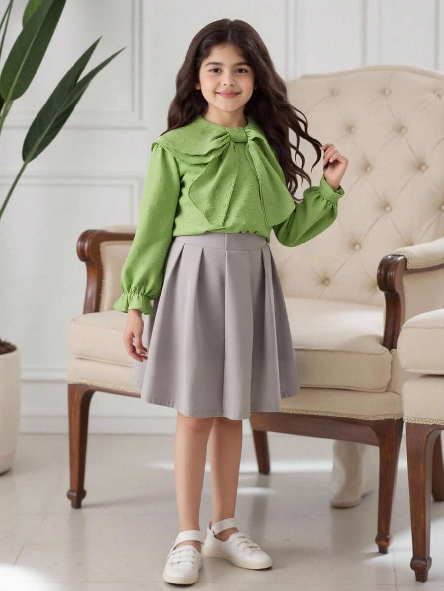SHEIN Tween 女童纯色彼得潘领长袖宽松可爱衬衫 - 綠色 - 查看 1