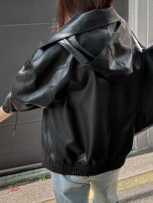 DAZY Women's Versatile Hooded PU Leather Jacket, Casual Loose Elastic Waist Leather Coat Winter