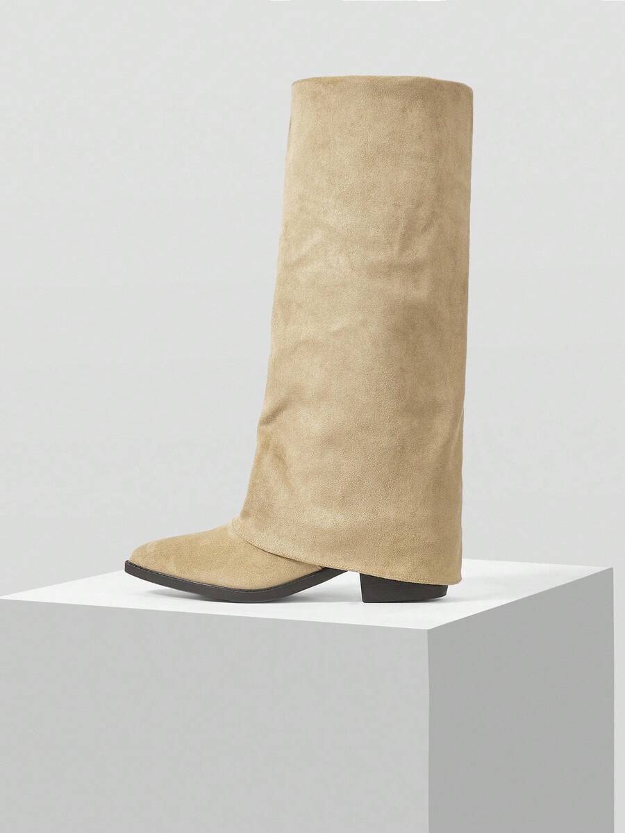 MOTF WOMEN'S FASHIONABLE APRICOT CHUNKY HEEL POINTED TOE OVER-THE-KNEE BOOTS - Apricot - View 2