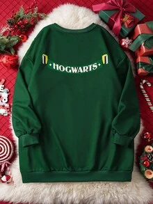 HARRY POTTER X SHEIN 大码女式休闲圣诞字母图案落肩宽松套头衫 - 綠色 - 查看 2