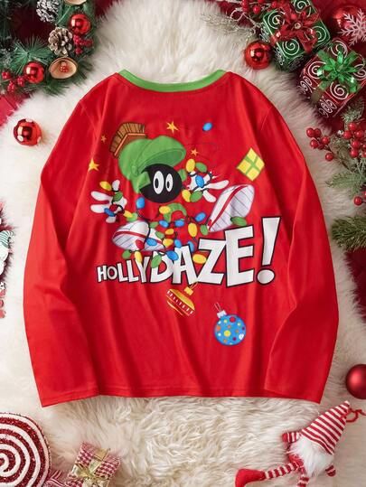 LOONEY TUNES X SHEIN Tween Boy Casual Christmas Funny Cute Cartoon & Letter Print Contrast Trim Neck Long Sleeve T-Shirt Fall Winter