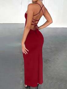 Zyxie 女士修身性感高开叉交叉带系带长裙 - 酒紅色 - 查看 2
