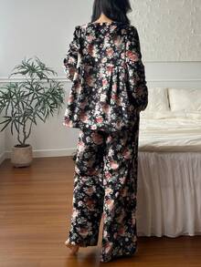 DAZY Ensemble de pyjama pour femmes avec imprimé floral, garniture en dentelle et manches bouffantes en polaire. Vêtements d'automne et d'hiver - Noir - Voir 2
