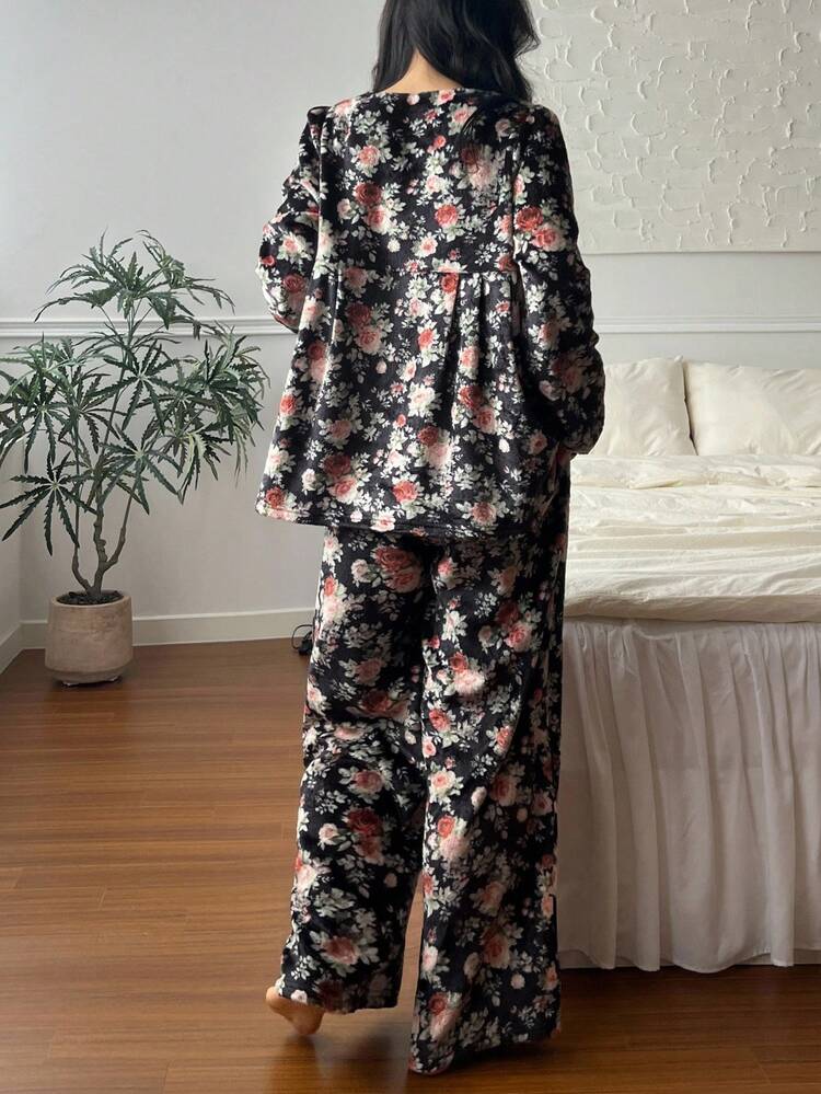Women's Floral Print Fleece Lace Trim Puff Sleeve Pajama Set, Fall Winter Clothes