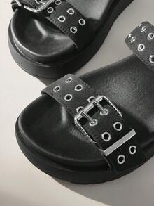 Solecia 女士时尚黑色厚底沙滩度假平底拖鞋 - 黑色 - 查看 4