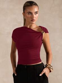 SHEIN BAE Women's Fashionable Elegant Solid Color Oblique Shoulder Short T-Shirt,Red Top