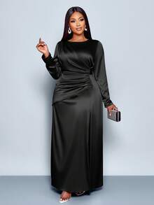 SOLERSUN Váy bó sát bằng vải satin trơn màu trơn thanh lịch dành cho nữ mùa thu đông, thích hợp cho trang phục dự tiệc tối giản, hẹn hò, dự tiệc cưới, dự tiệc tốt nghiệp, váy bóng, váy đen, váy thu, váy đông dành cho nữ, Halloween, Giáng sinh, năm mới, váy dạ hội - màu đen - Xem 3