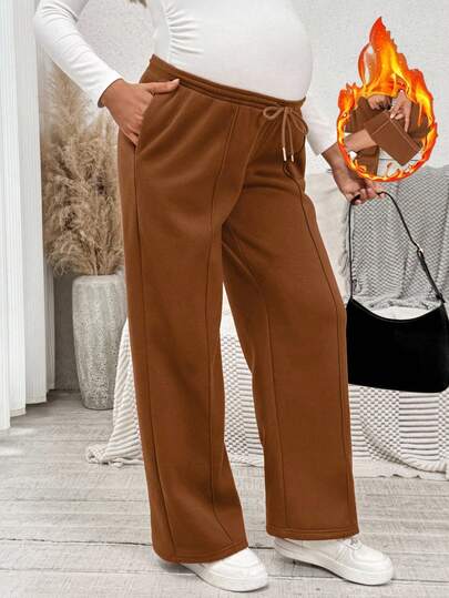 SHEIN Fall Clothes,Autumn Clothes,Maternity Autumn/Winter Clothes Maternity Solid Color Drawstring Waist Pockets Thermal Lined Loose Casual Sweatpants