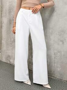 SHEIN Unity Pantalones anchos casuales con pliegues, cintura alta y bolsillos, unicolor, para mujeres - Blanco - Ver 4