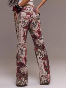 MUSERA Fitted Asymmetric Waist Low Rise Print Flare Jeans Cool Girl, , Going Out, Sexy, Crimson Winter   Chic Spring Summer - Multicolor - View 3