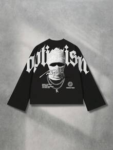 ROMWE MEN Street Life 男士街头暗色图案长袖衬衫，适合秋季，2000 年代风格 - 黑色 - 查看 1