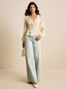 Poéselle Elegant Commuter Woven Embroidered Floral Lace Trim Long Sleeve Blouse - Pink - View 6