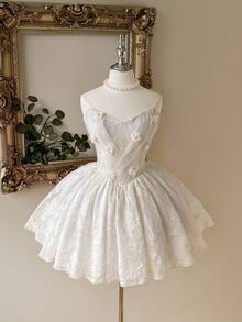 Lovelzi Váy dài vải thêu trắng kiểu cung điện thanh lịch, sang trọng, quý phái với họa tiết hoa 3D và dáng chữ A, thích hợp cho tiệc đơn, đám cưới, tốt nghiệp, kỳ nghỉ, tiệc chia tay cuộc sống độc thân - trắng - Xem 7