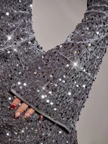 SHEIN BAE 女士银色天鹅绒亮片方领迷你连衣裙，黑色鸡尾酒会礼服，适合派对、正式活动、庆典、节日、万圣节、圣诞节 - 銀色 - 查看 6