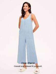 LUVLETTE 夏季蓝色柔软棉质女士睡衣内衣外穿连体裤，带口袋，适合女性穿着 - 藍色 - 查看 7