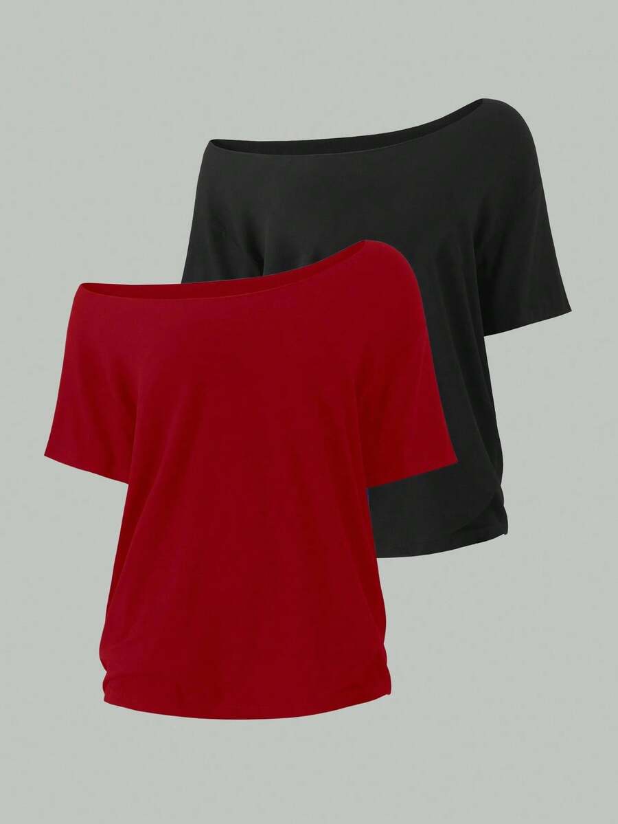 SHEIN Unity 2 件女式宽松不对称领口 T 恤，优雅黑红纯色超大 T 恤 - 彩色 - 查看 1