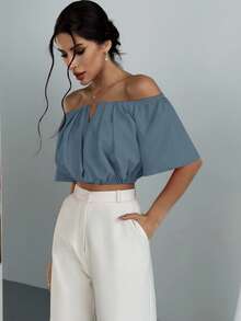 Aloruh 女式纯色时尚露肩V领收腰衬衫 - 水鴨藍 - 查看 4