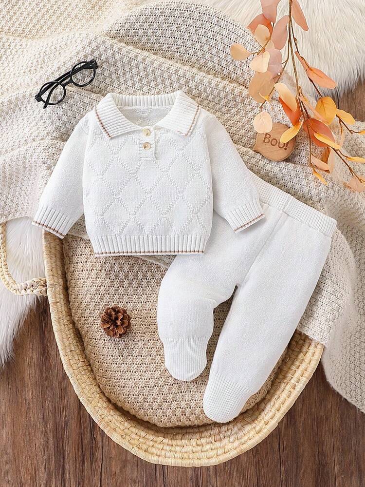 SHEIN 男婴针织毛衣和裤子两件套，舒适保暖服装，适合秋冬季，时尚休闲装，适合日常、居家、户外、旅行、上学 - 白色 - 查看 3