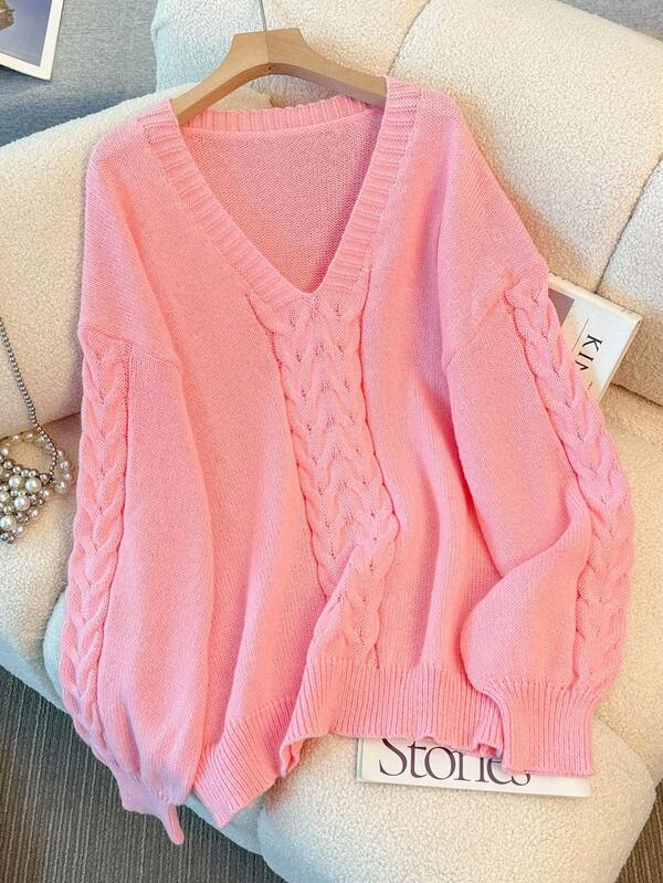 Regalyn Damski sweter w dużym rozmiarze z dekoltem w serek, dopasowany, codzienny, uniwersalny, ściągany sznurkiem, jednostronny, wykonany w jednolitym kolorze, zimowy