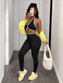Slaydiva Women Solid Color Splicing Sleeveless Simple Top And Long Pants Yoga Color Blocking Sports Suit Workout Women Set Women Leggings Set Gym Women Outfit - Black - View 4