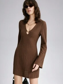 SHEIN LUNE 女式纯色喇叭袖休闲金属扣装饰连衣裙 - 棕色 - 查看 6