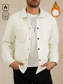 Manfinity Homme 男士休闲长袖口袋衬衫式外套，秋冬季奶油色男士白色抓绒衬衫式外套 - 米色 - 查看 4