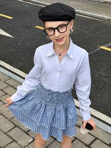 青少年女孩休闲英伦风格蓝色格子 A 字褶双层喇叭裙，适合日常休闲穿着 - 藍色 - 查看 6