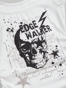ROMWE Grunge Punk Vintage Y2K Skeleton & Pentagram Print Tight Fit Long Sleeve Hoodie T-Shirt For Women - White - View 3