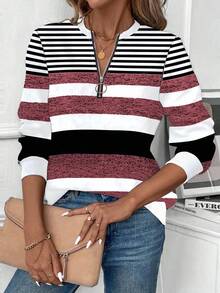 EMERY ROSE Women's Autumn/Winter Fashion Raglan Sleeve Crew Neck Half-Zip Contrast Rib Trim Sweatshirt