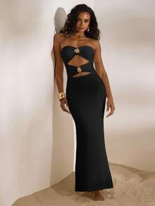 Opulessa Váy đuôi cá khoét hở không dây đan màu trơn dành cho nữ, thích hợp cho kỳ nghỉ xuân/hè - màu đen - Xem 5