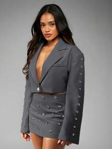 MISSGUIDED Contemporary Studded Long Sleeve Cropped Blazer Evening Party Metallic Button Design Edgy Modern Statement Piece Fall Winter Mini Jacket - Grey - View 4