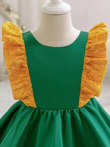 Glamorique Kids Girls Christmas Princess Dress,Sage Green,Summer,Elegant,7th Birthday Party Wear Santa New Year's Dress Satin Gold Sequin Flutter Sleeves Bow Back - Dark Green - View 7