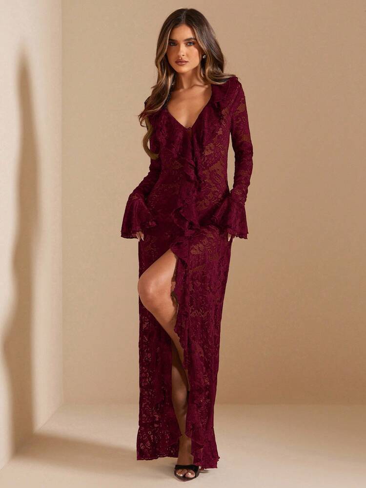 SHEIN BAE فستان أنيق طويل الأكمام بياقة عميقة على شكل V مع كشكشة، أبيض سادة، أنيق وبسيط، مناسب لفصل الصيف والربيع المبكر، فستان للعطلات، حفلات الزفاف، حفلات الخطوبة، المناسبات الرومانسية، عيد الحب، الحفلات، الاستخدام اليومي، عيد الميلاد - عنابي اللون - مشاهدة 3