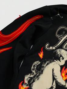 ROMWE MEN Street Life Embroidered Angels Distressed Long Sleeve T-Shirt For Men, Fall - Black - View 6