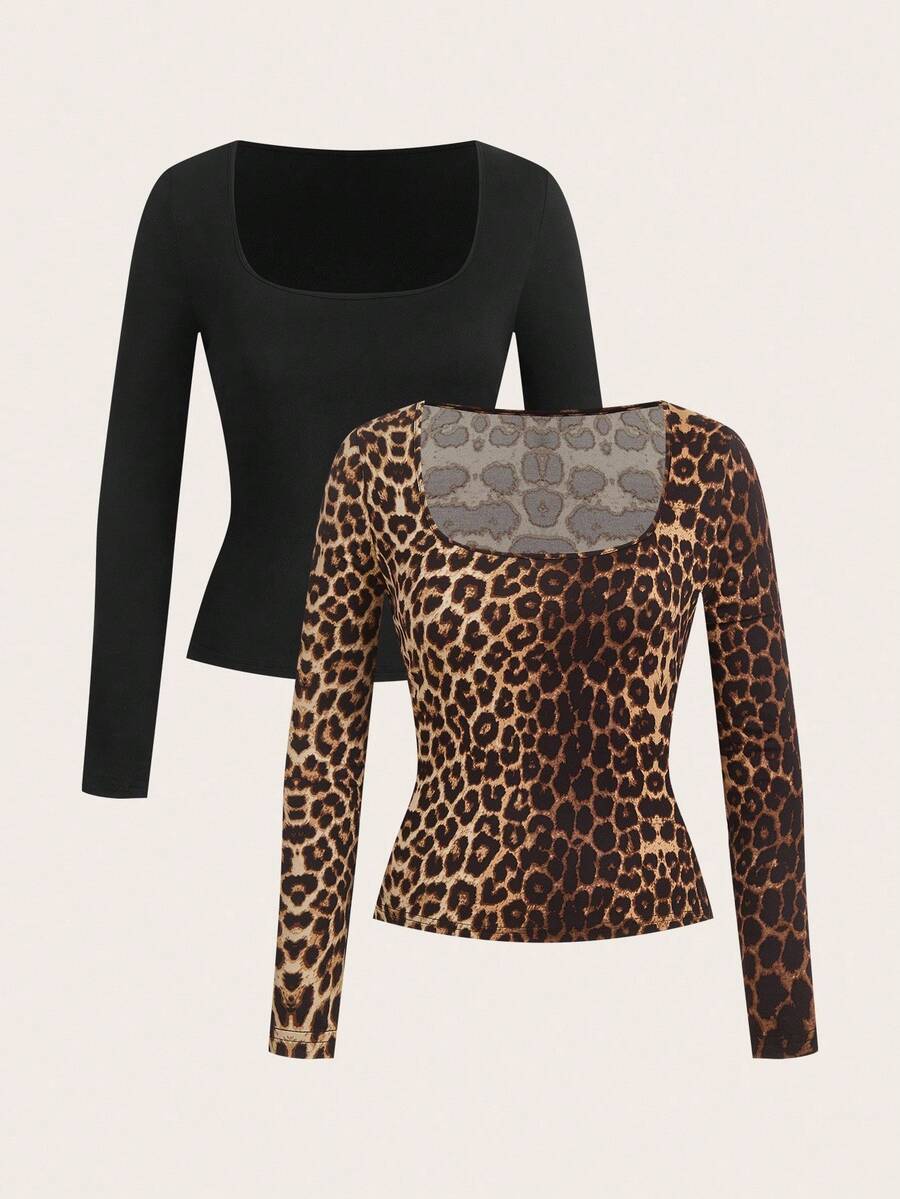 SHEIN EZwear 两件套加大码女式圆领豹纹长袖套装,秋冬季百搭基础款T恤,休闲外套,Y2K风格紧身豹纹上衣猎豹纹上衣 - 彩色 - 查看 1