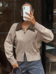 DAZY 女式休闲PU拼布拉链开衫，秋季 - 卡其色 - 查看 6