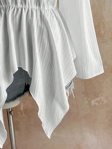 Soleia 大码女式返校度假服，V 领白色纹理长袖荷叶边下摆衬衫 - 白色 - 查看 7