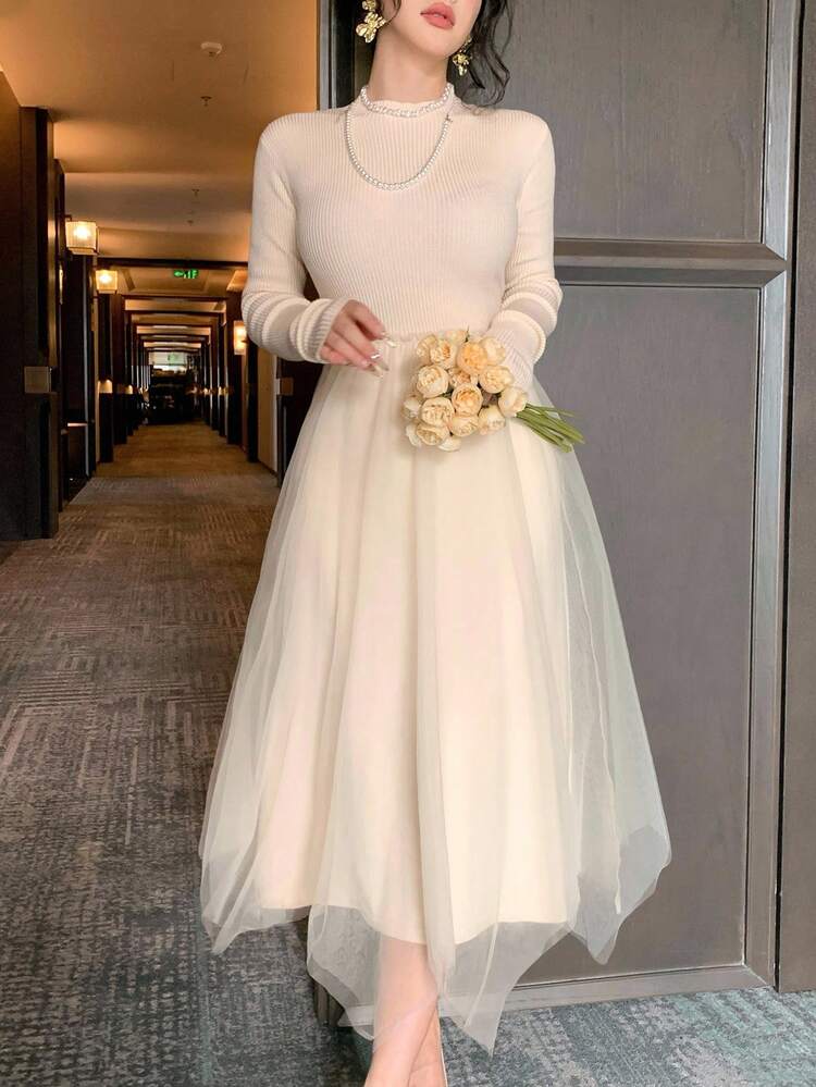 DAZY Váy len dệt kim lưới chắp vá thanh lịch dành cho nữ, mùa thu - Màu be - Xem 6